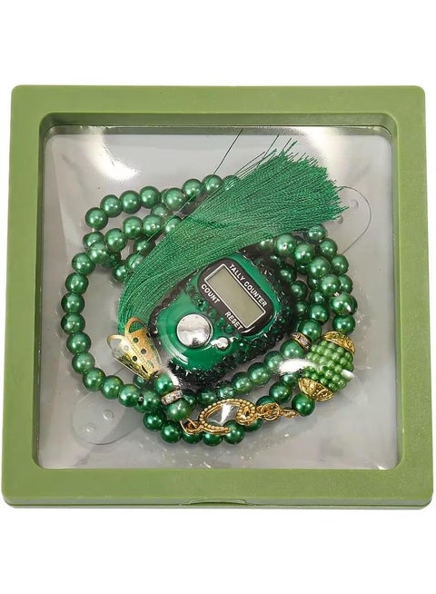 Prayer beads set with electronic counter - elegant design inside a gift box (green color)